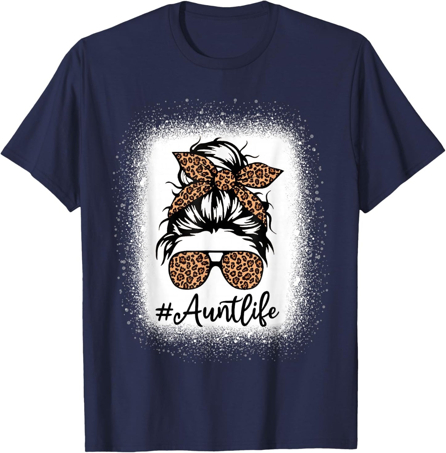 Best Aunt Life Messy Bun Leopard Bleached Auntie Mothers Day T-Shirt - T-Shirt | Navy