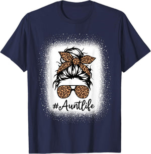 Best Aunt Life Messy Bun Leopard Bleached Auntie Mothers Day T-Shirt - T-Shirt | Navy