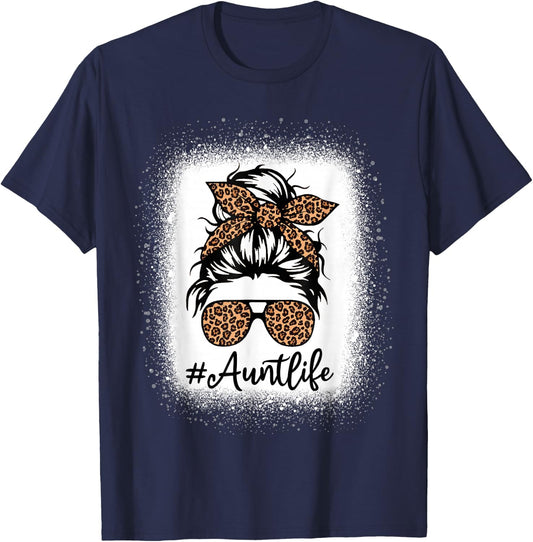 Best Aunt Life Messy Bun Leopard Bleached Auntie Mothers Day T-Shirt - T-Shirt | Navy