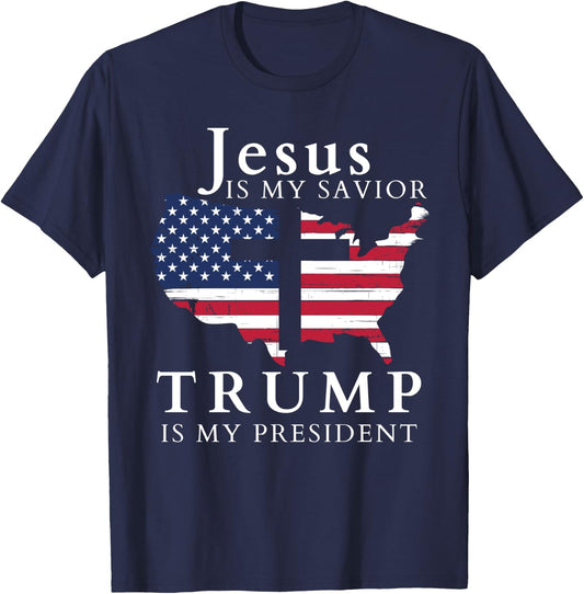 Jesus Is My Savior Trump Is My President, USA Flag and Cross T-Shirt - T-Shirt | Navy