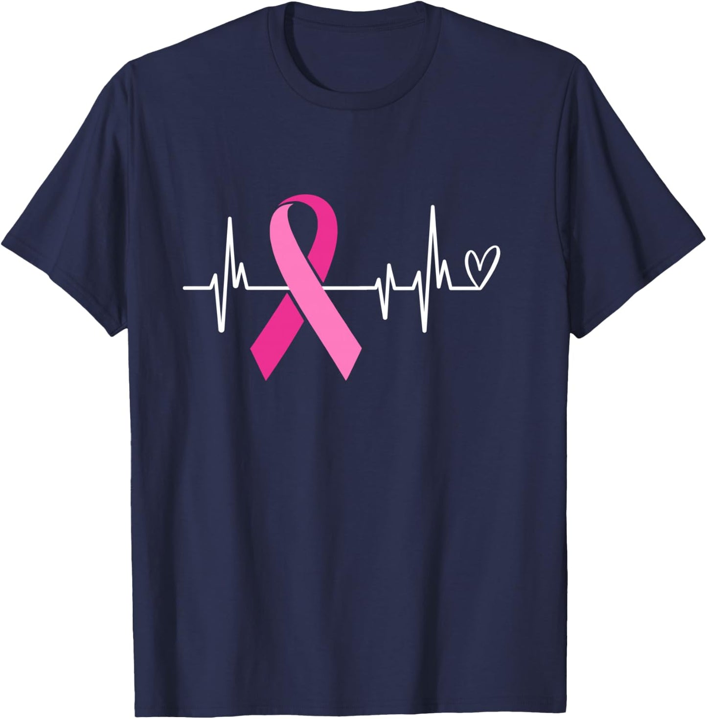 Pink Ribbon Heartbeat Breast Cancer Awareness T-Shirt - T-Shirt | Navy