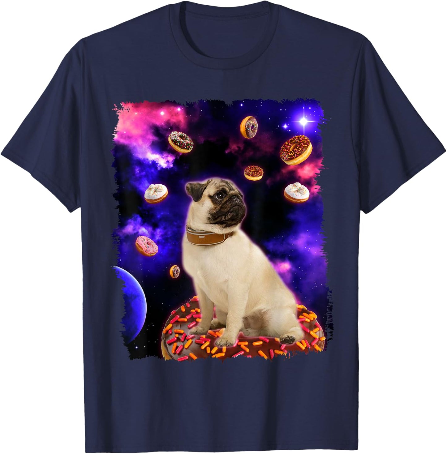 Adorable Pug in Space with Doughnuts - Pug Dog Gift Men Women Girls Kids T-Shirt - T-Shirt | Navy