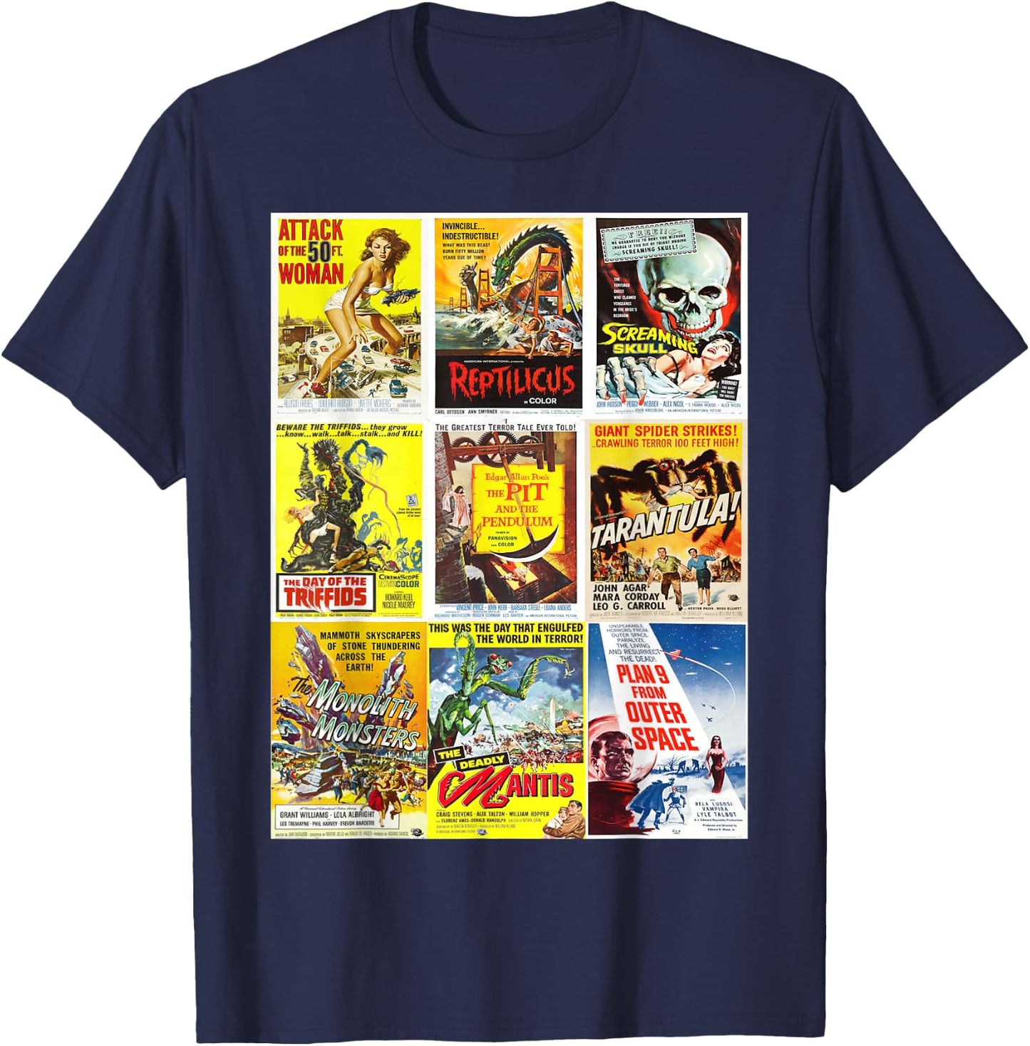 B Movie Poster Collection, Classic Sci-Fi Horror Monsters T-Shirt - T-Shirt | Navy