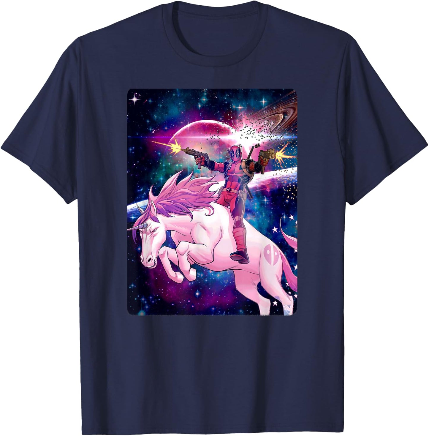 Marvel Deadpool in Space Unicorn Saddles Ablaze T-Shirt - T-Shirt | Navy