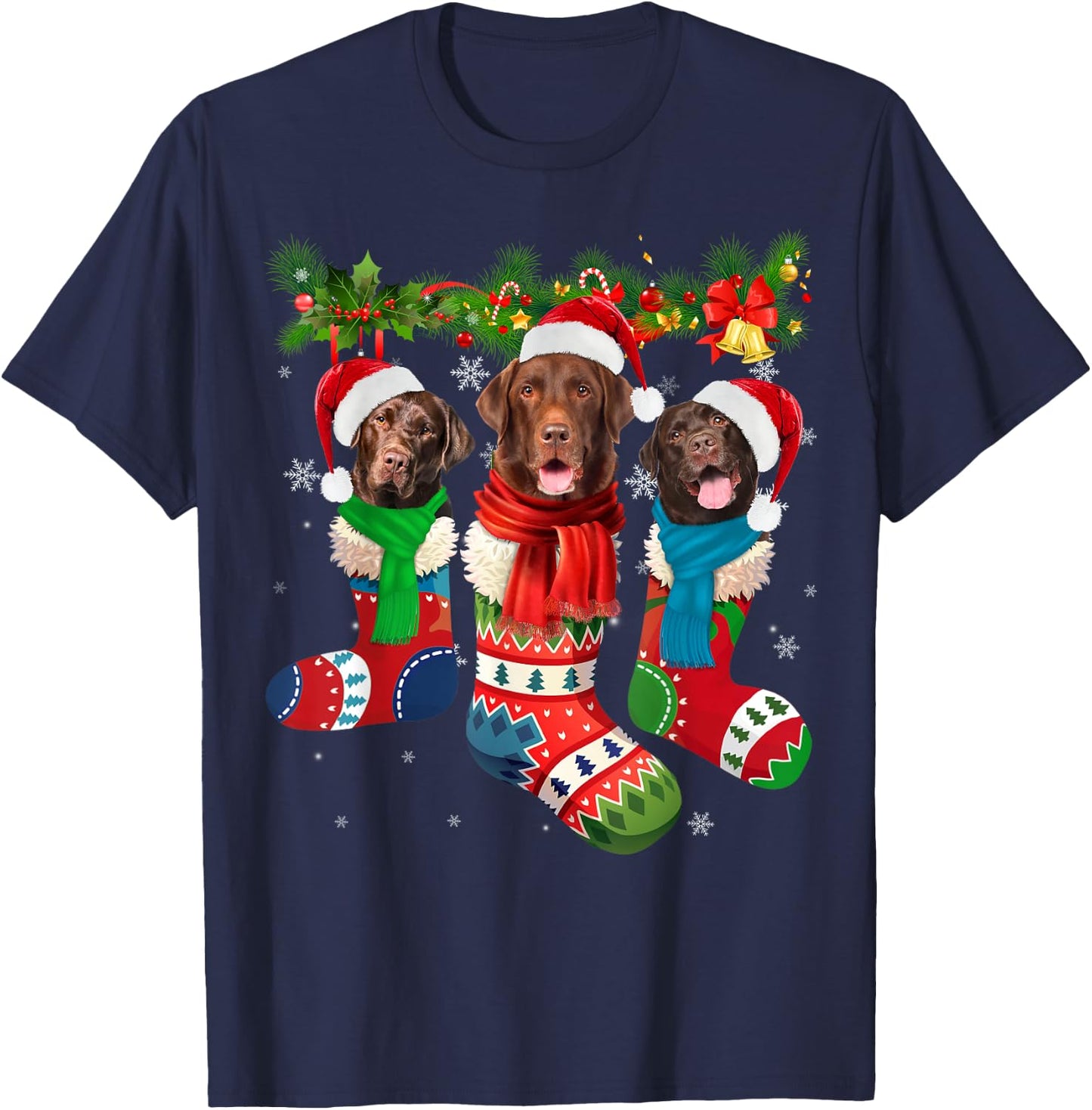 Chocolate Lab In Christmas Socks T-Shirt - T-Shirt | Navy