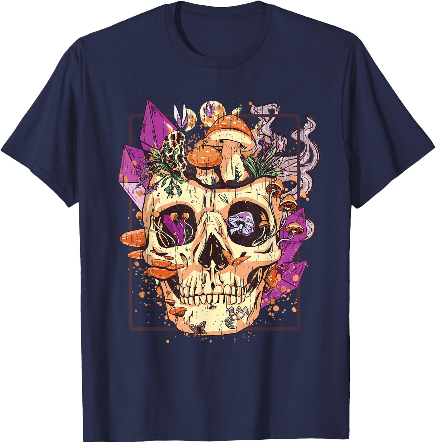 Goblincore Aesthetic. Grunge Moon Crystals Mushrooms Skull T-Shirt - T-Shirt | Navy
