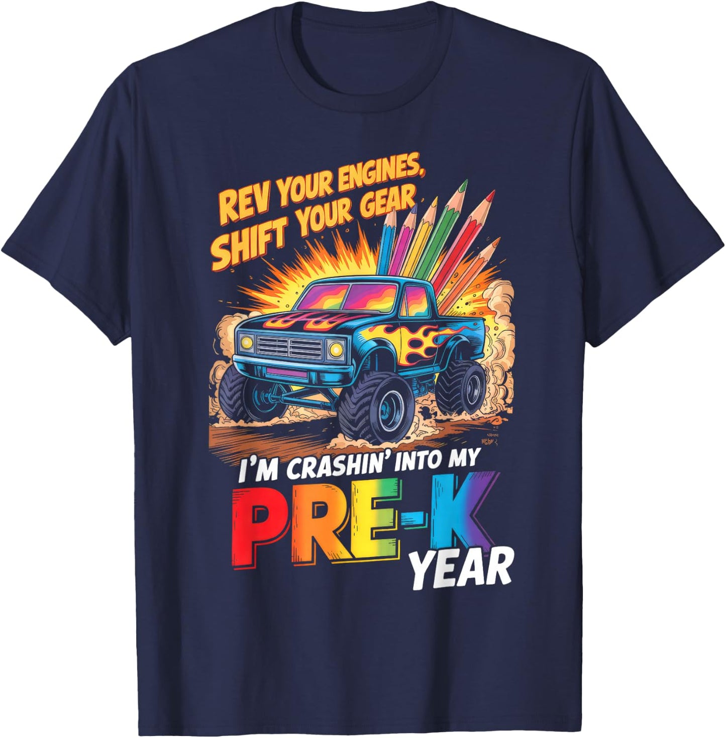 Back to School Pre-K Preschool Monster Truck First Day Boys T-Shirt - T-Shirt | Navy