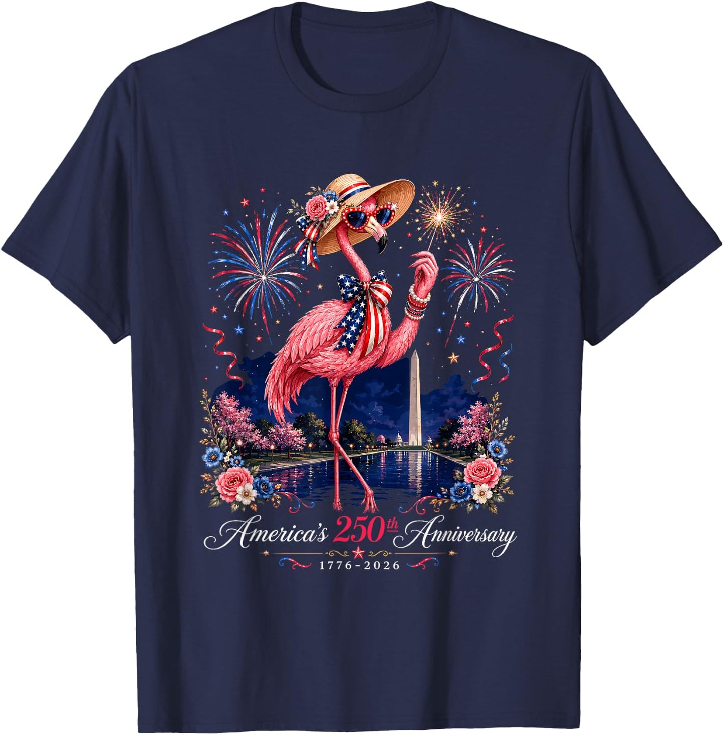 Patriotic Pink Flamingo Reflecting Pool 250 Years T-Shirt - T-Shirt | Navy