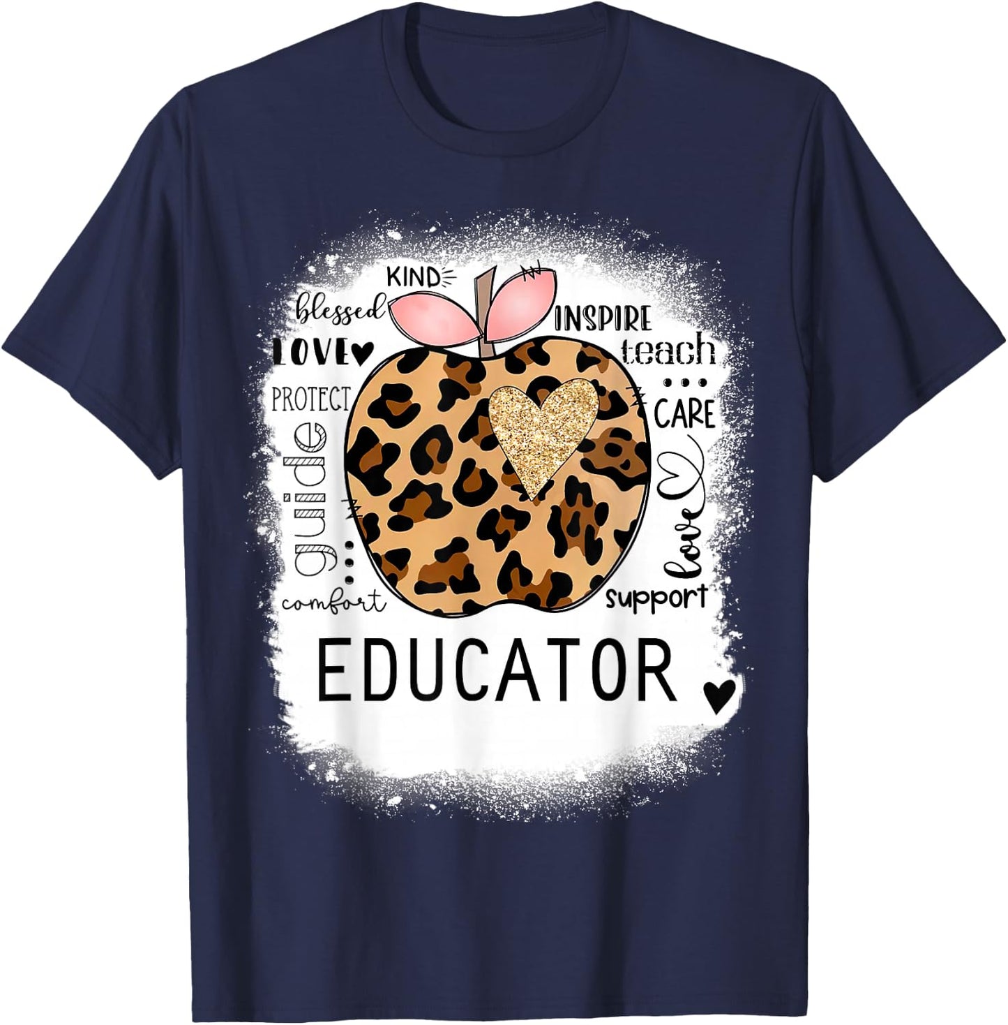 Bleached Educator, Leopard Apple, Inspire Teach, Blessed T-Shirt - T-Shirt | Navy