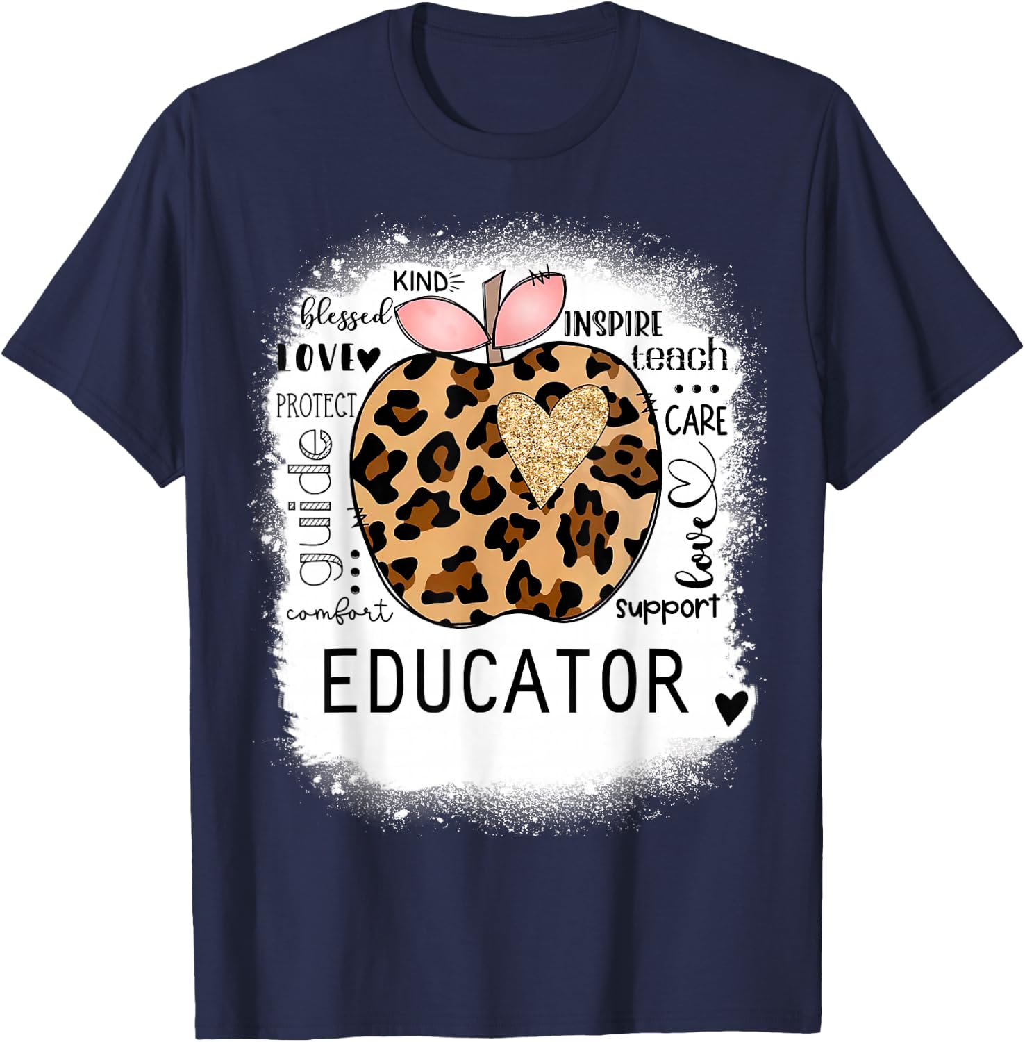 Bleached Educator, Leopard Apple, Inspire Teach, Blessed T-Shirt - T-Shirt | Navy