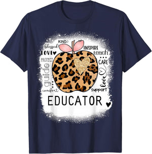Bleached Educator, Leopard Apple, Inspire Teach, Blessed T-Shirt - T-Shirt | Navy