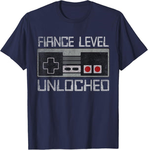 Leveled Up To Fiance Level Unlocked Newly Just Engaged Gamer T-Shirt - T-Shirt | Navy