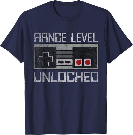 Leveled Up To Fiance Level Unlocked Newly Just Engaged Gamer T-Shirt - T-Shirt | Navy