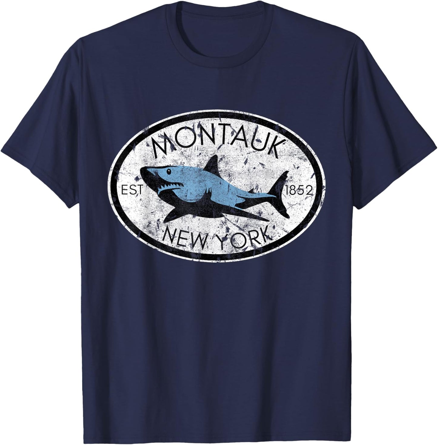 Montauk New York Fishing Shark Fish Beach Boating NY Vintage Men Women Kids T-Shirt - T-Shirt | Navy