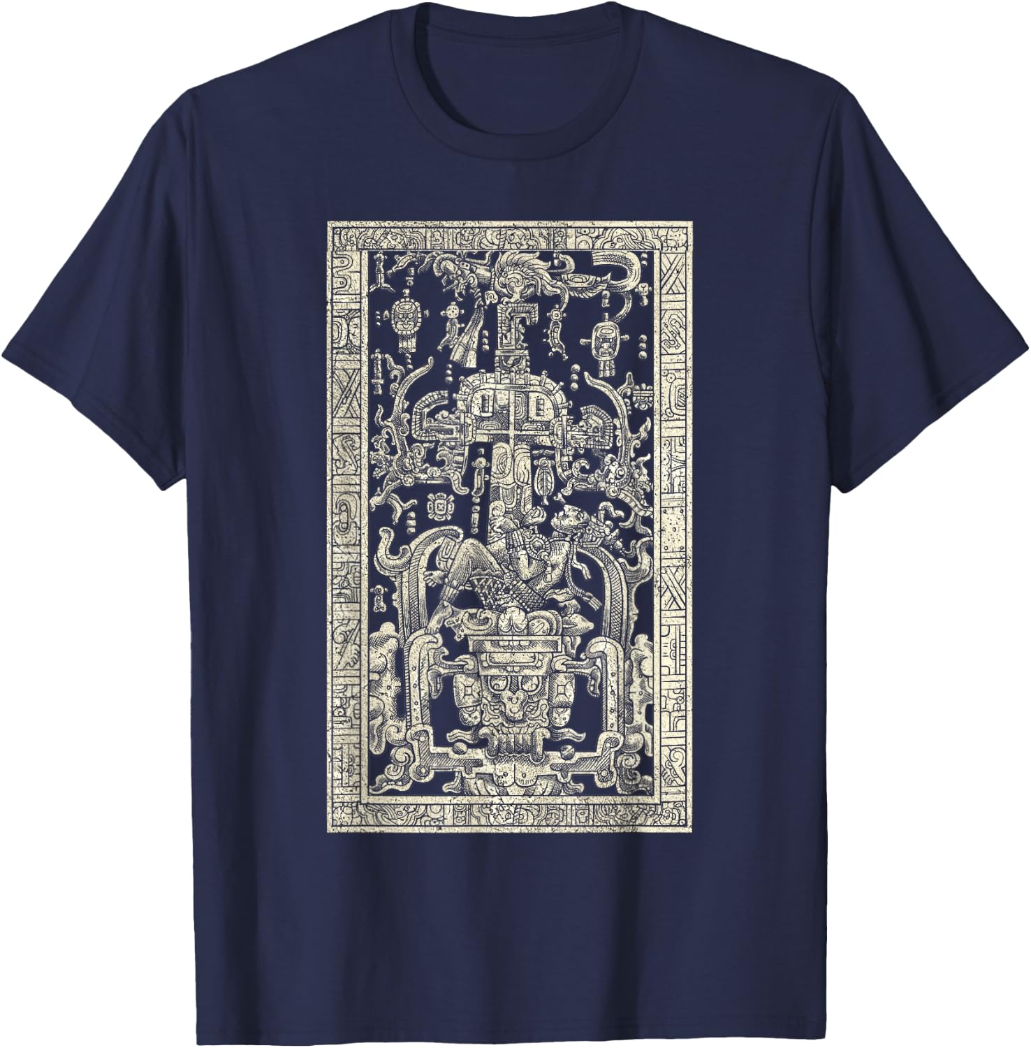 King Pakals Maya Antique Carved Spaceship T-Shirt - T-Shirt | Navy
