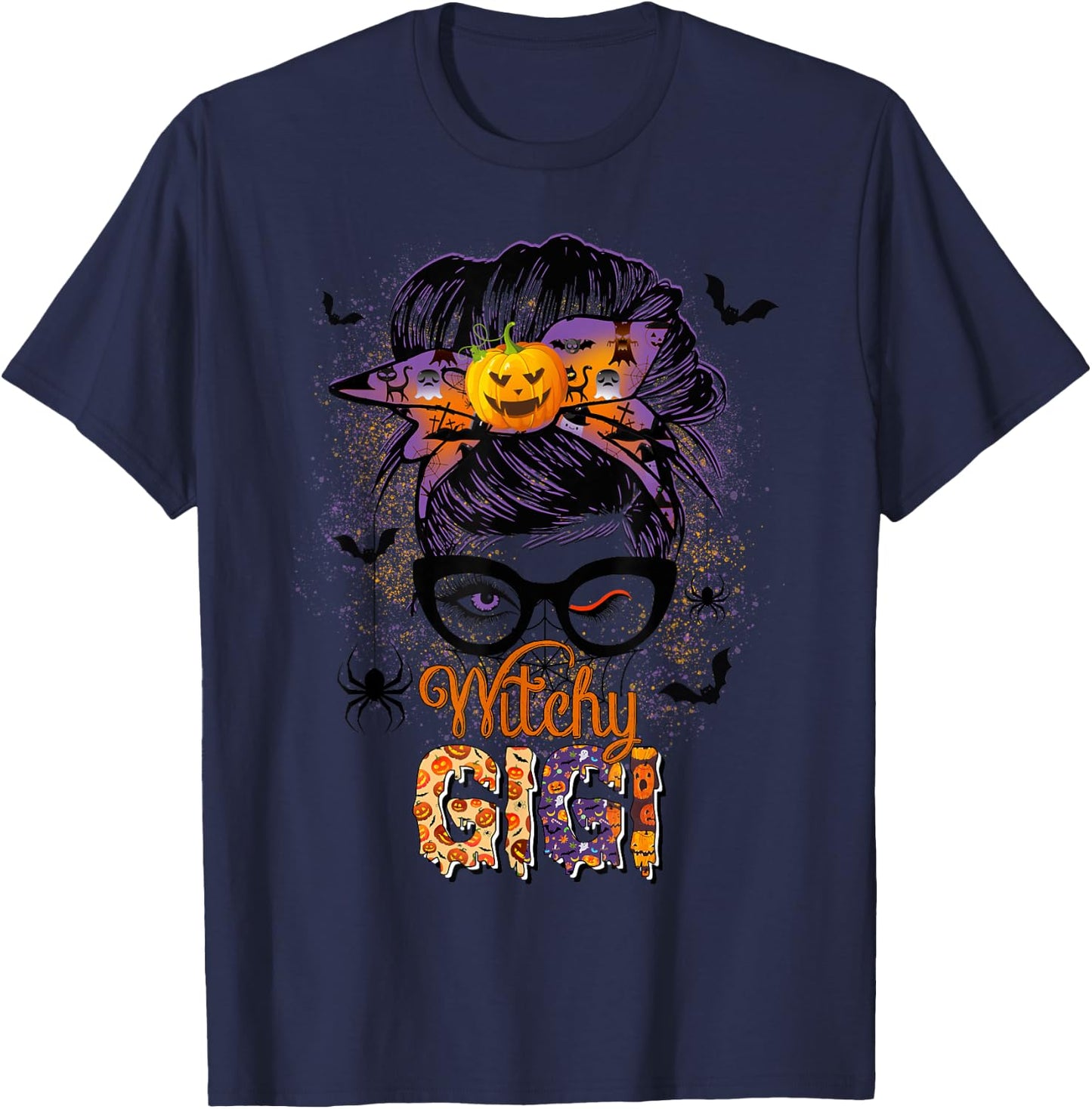 Witchy Gigi Messy Bun Spooky Witch Pumpkin Halloween T-Shirt - T-Shirt | Navy