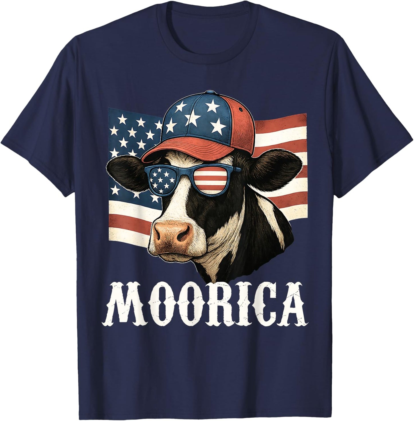 Funny Moorica 4th Of July Patriotic Cow USA Flag Farmer T-Shirt - T-Shirt | Navy