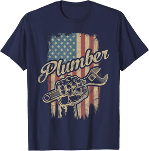 Plumber American Flag Plumbing Gift Pipe Wrench Patriotic T-Shirt - T-Shirt | Navy