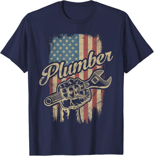 Plumber American Flag Plumbing Gift Pipe Wrench Patriotic T-Shirt - T-Shirt | Navy