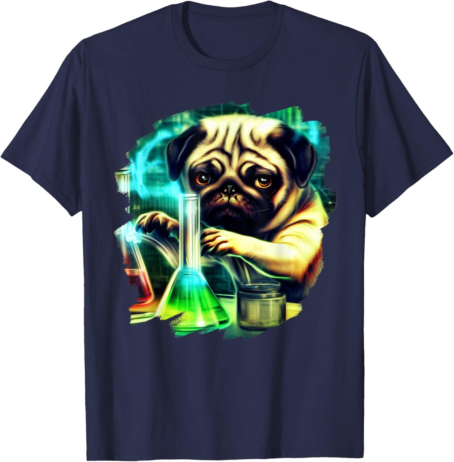 Pug Mad Scientist Dog Mixing Chemicals Chemistry Science T-Shirt - T-Shirt | Navy