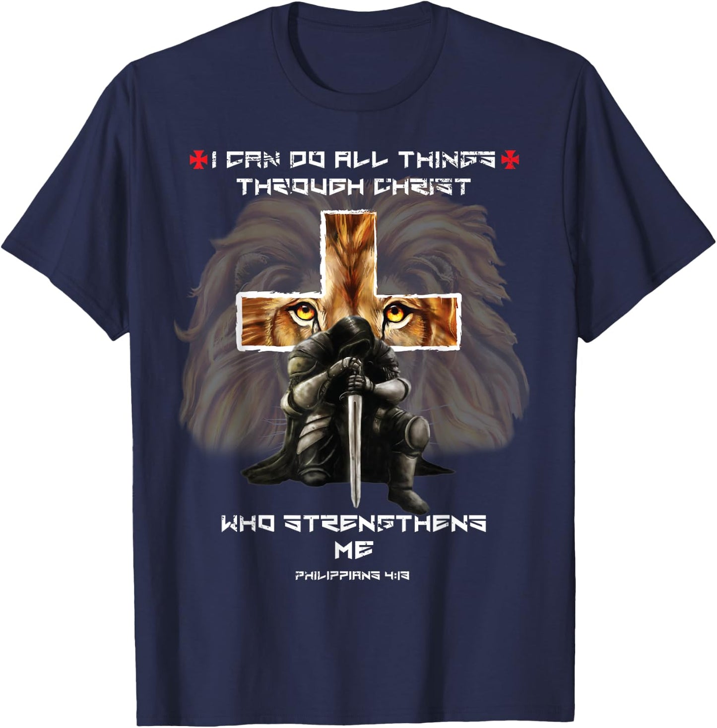 Philippians 4:13 Christian Verse Gift Lion Cross Men Husband T-Shirt - T-Shirt | Navy