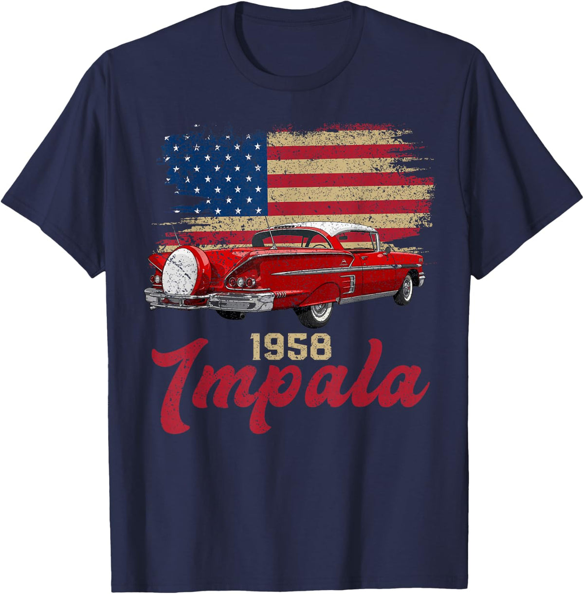 1958 58 Impala Old School Muscle Car American Flag T-Shirt - T-Shirt | Navy