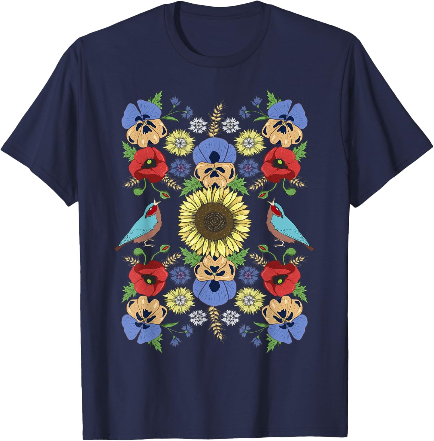 Ukraine Birds Sunflower Cute Floral Ukrainian Vyshyvanka T-Shirt - T-Shirt | Navy