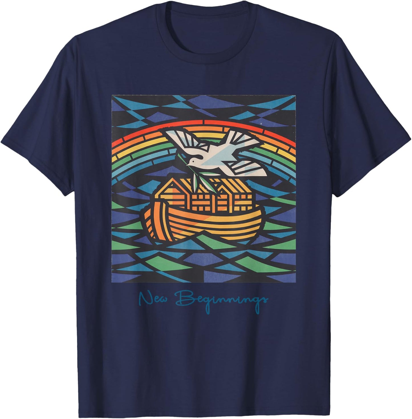 New Beginnings 1955 Noah's Ark Dove of Peace Rainbow Art T-Shirt - T-Shirt | Navy
