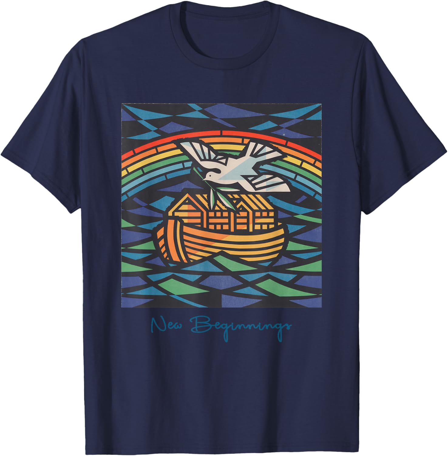 New Beginnings 1955 Noah's Ark Dove of Peace Rainbow Art T-Shirt - T-Shirt | Navy