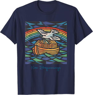 New Beginnings 1955 Noah's Ark Dove of Peace Rainbow Art T-Shirt - T-Shirt | Navy