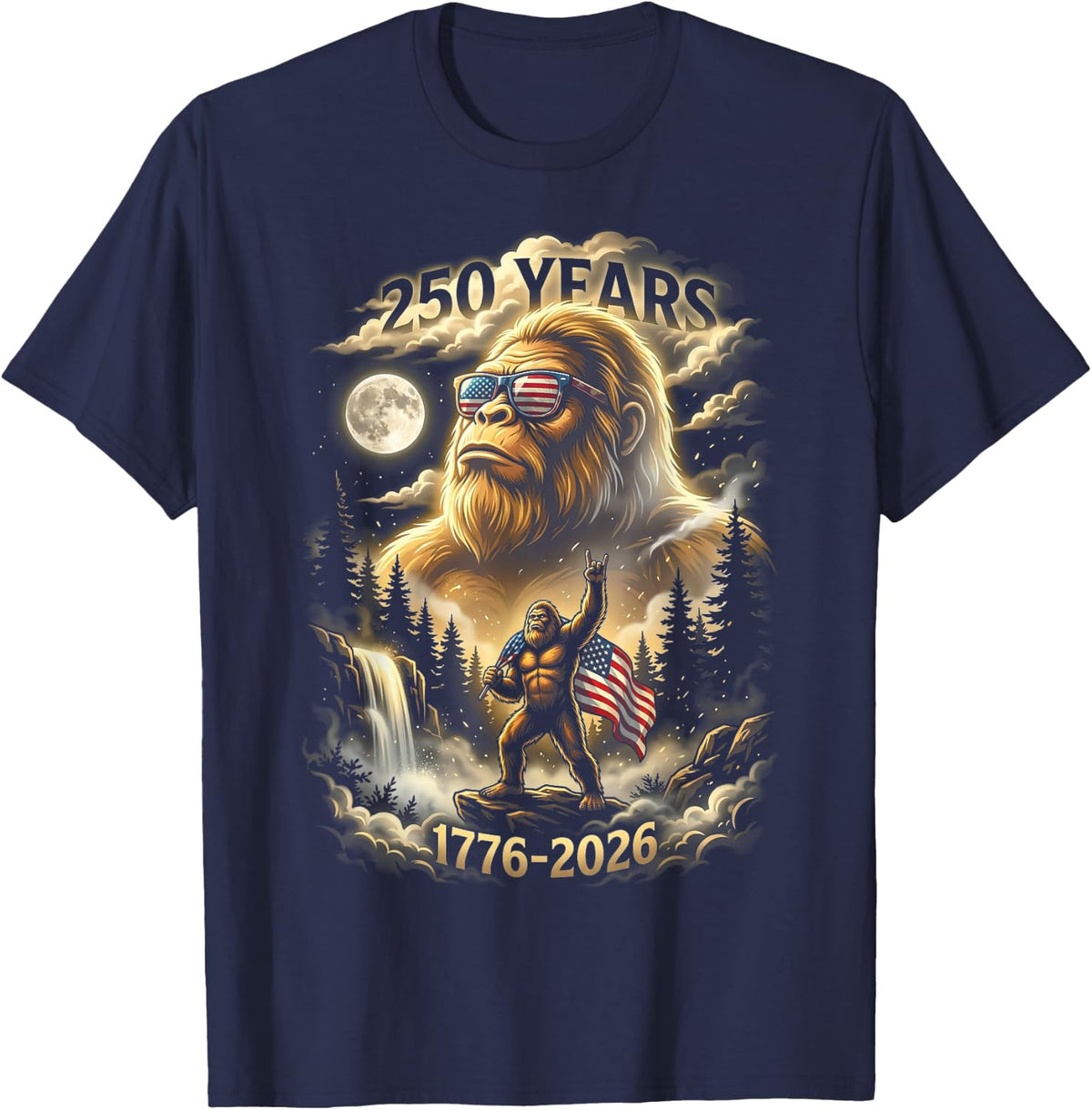 250 Years Bigfoot Howling Moon American Flag T-Shirt - T-Shirt | Navy