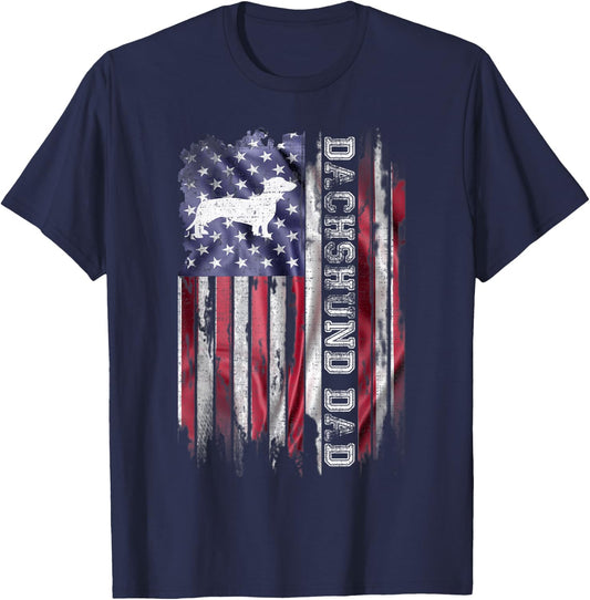Vintage American Flag Proud Dachshund Dad Wiener Silhouette T-Shirt - T-Shirt | Navy