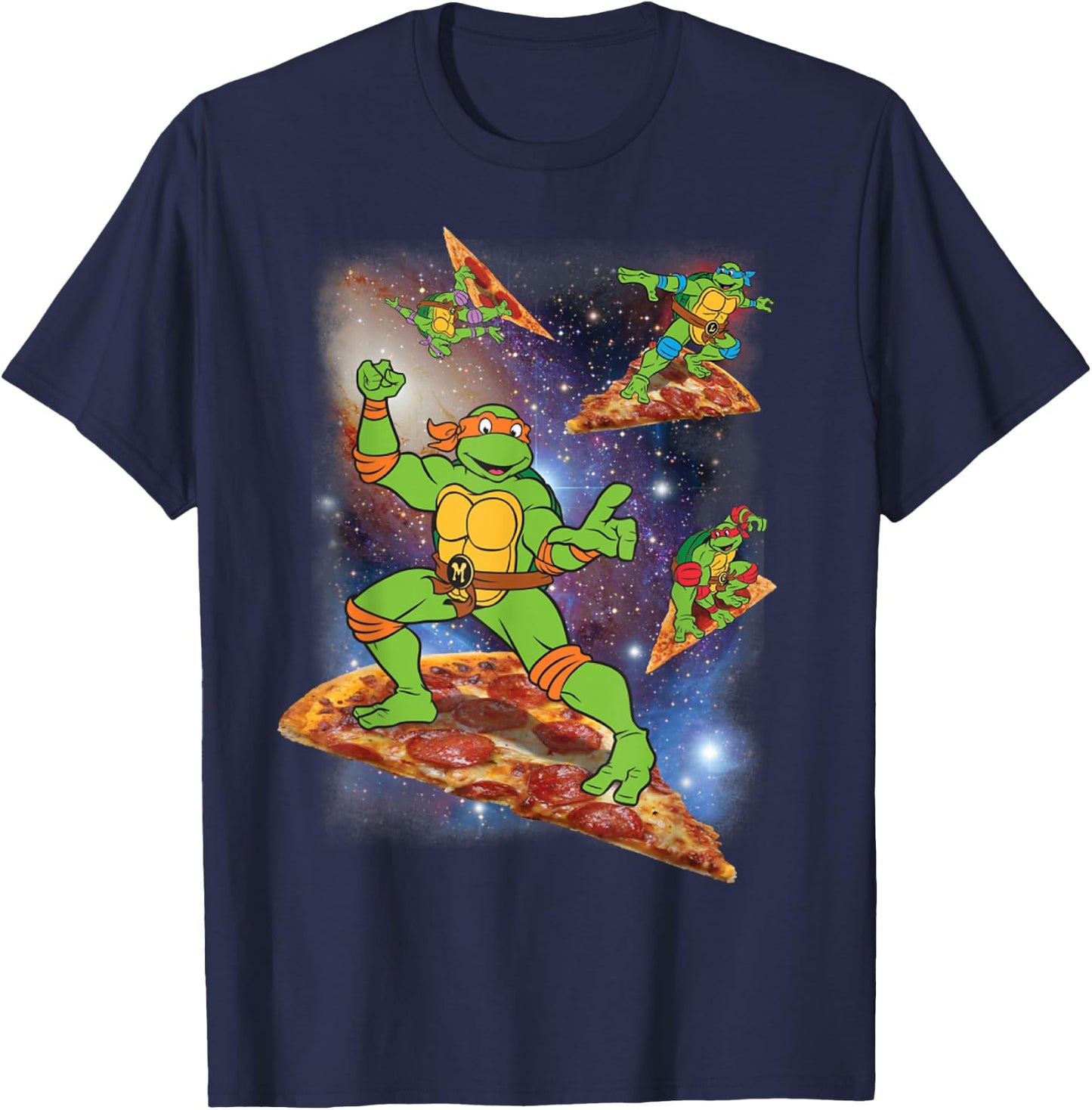TMNT Michelangelo Riding A Pizza in Space T-Shirt - T-Shirt | Navy