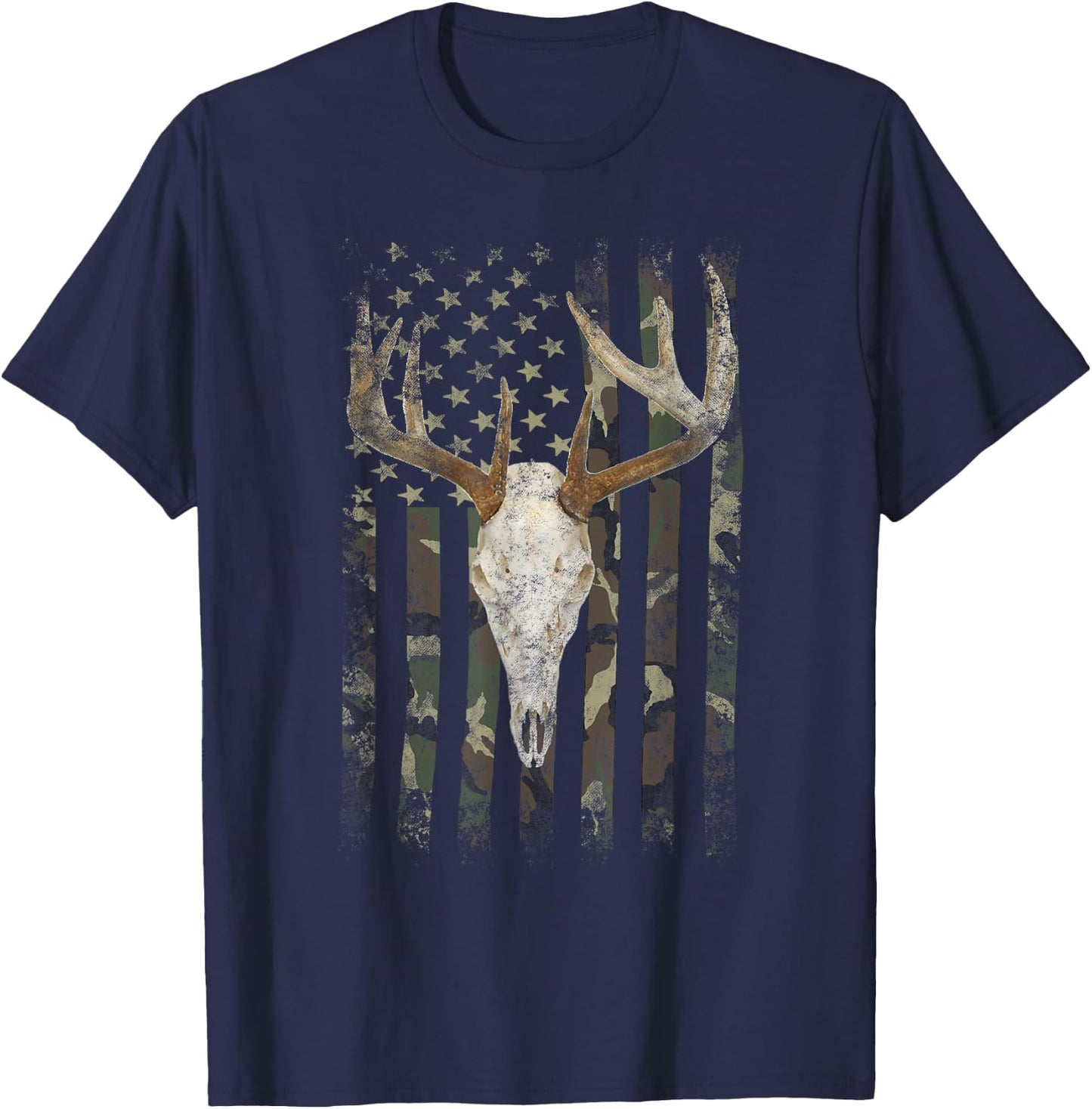 Deer Hunting Skull American Camo USA Flag Whitetail Buck T-Shirt - T-Shirt | Navy