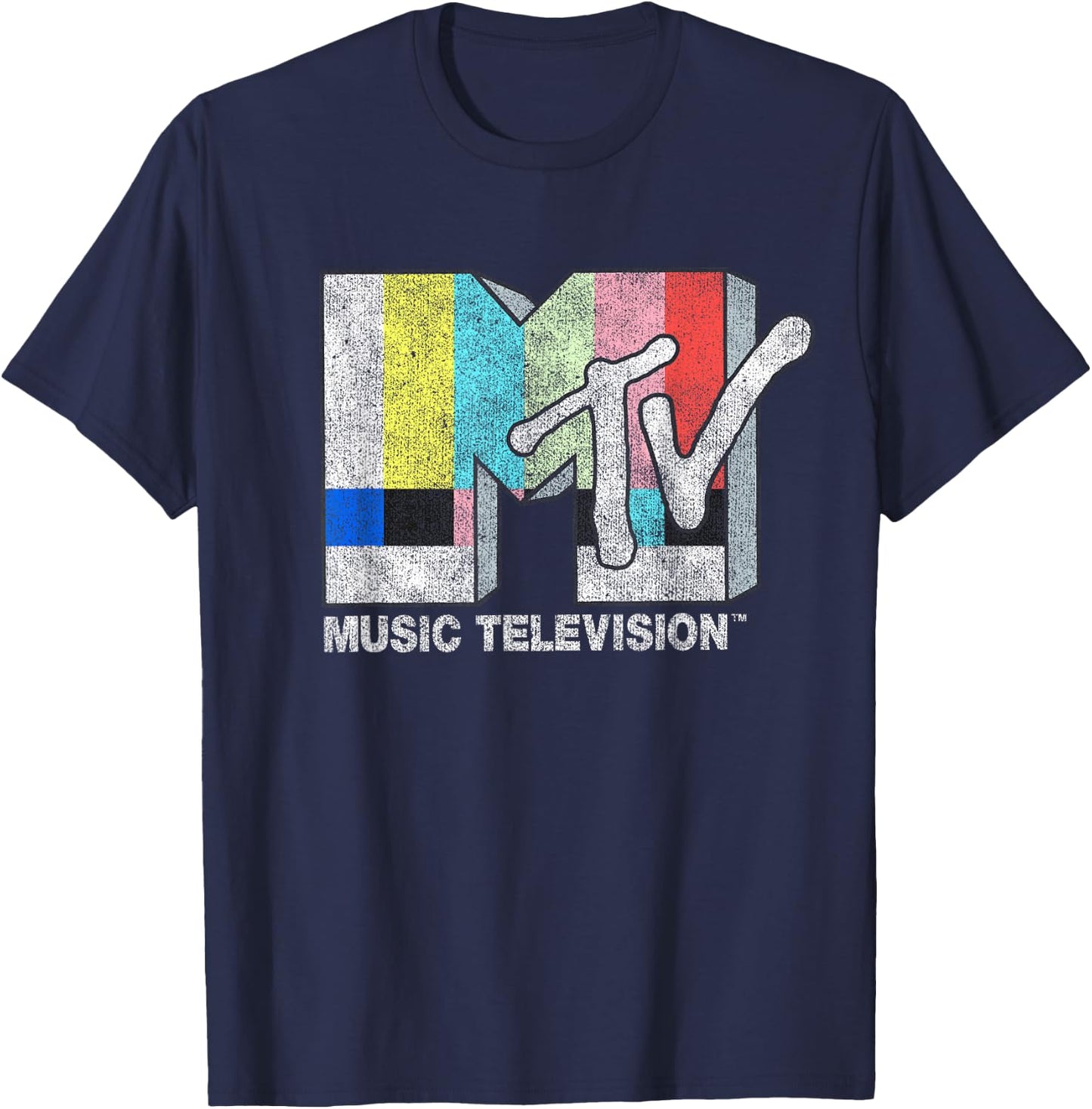 MTV Classic Fit Black - Vintage TV Signal Logo, 100% Cotton, Adult Short Sleeve T-Shirt - T-Shirt | Navy