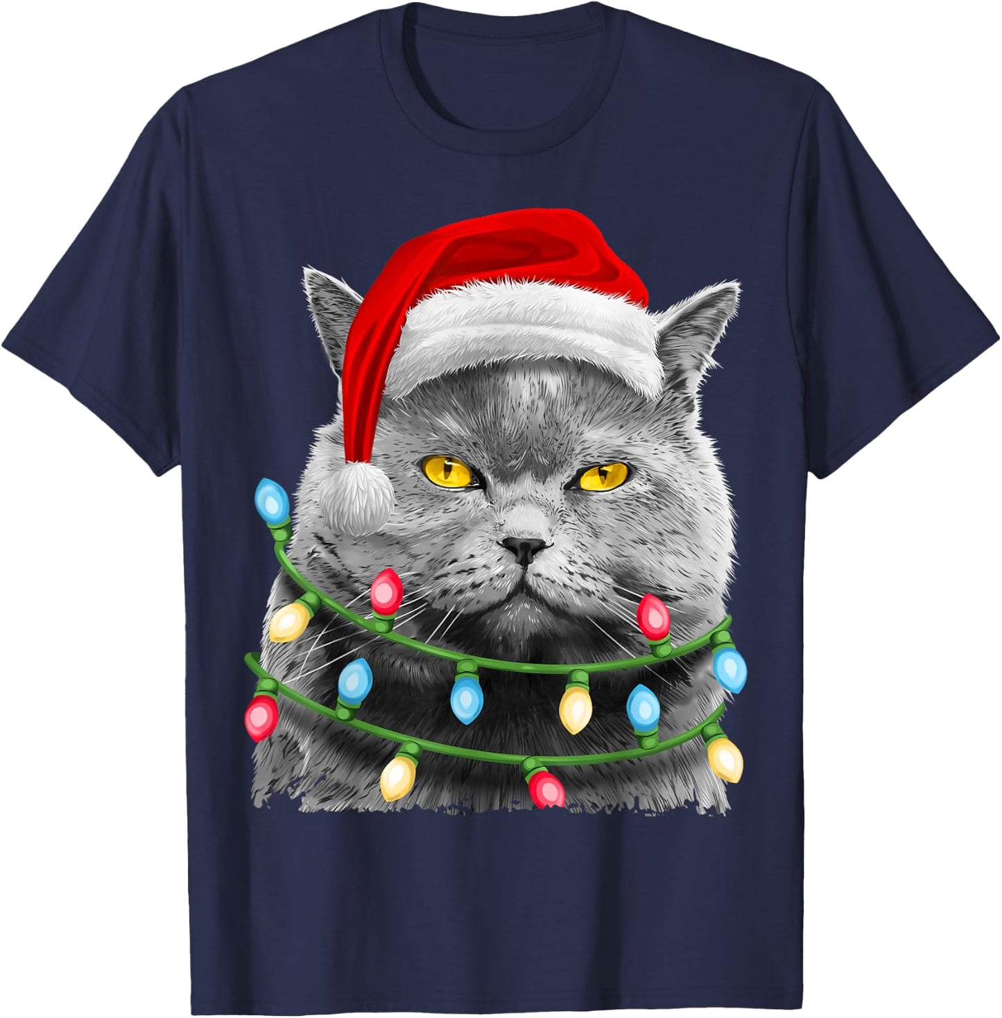 Cat Santa Christmas Tree Lights Xmas Girls Boys Meowy Catmas T-Shirt - T-Shirt | Navy