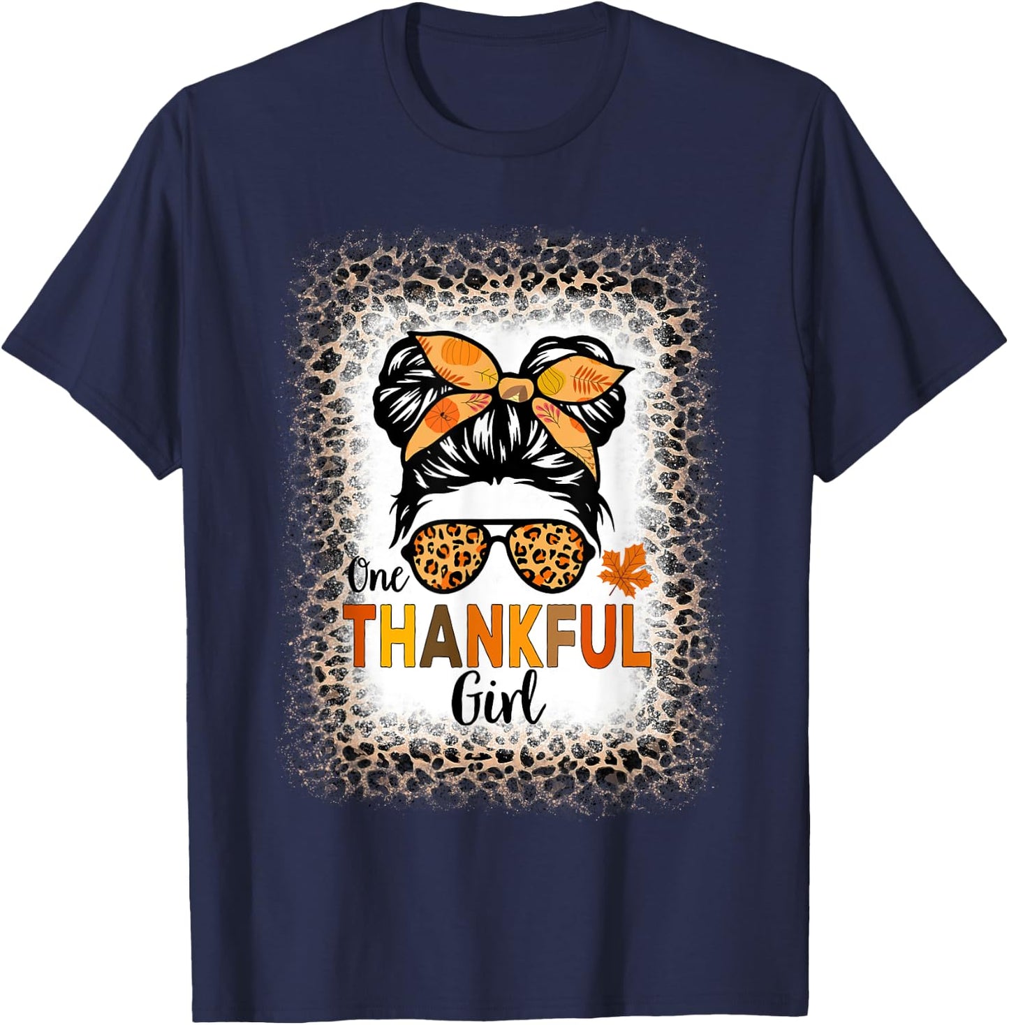 One Thankful Girl Thanksgiving Messy Bun Leopard Bleached T-Shirt - T-Shirt | Navy
