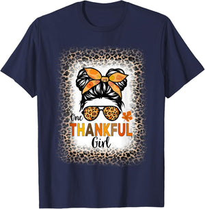 One Thankful Girl Thanksgiving Messy Bun Leopard Bleached T-Shirt - T-Shirt | Navy