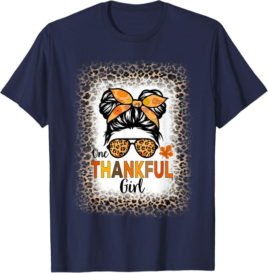 One Thankful Girl Thanksgiving Messy Bun Leopard Bleached T-Shirt - T-Shirt | Navy