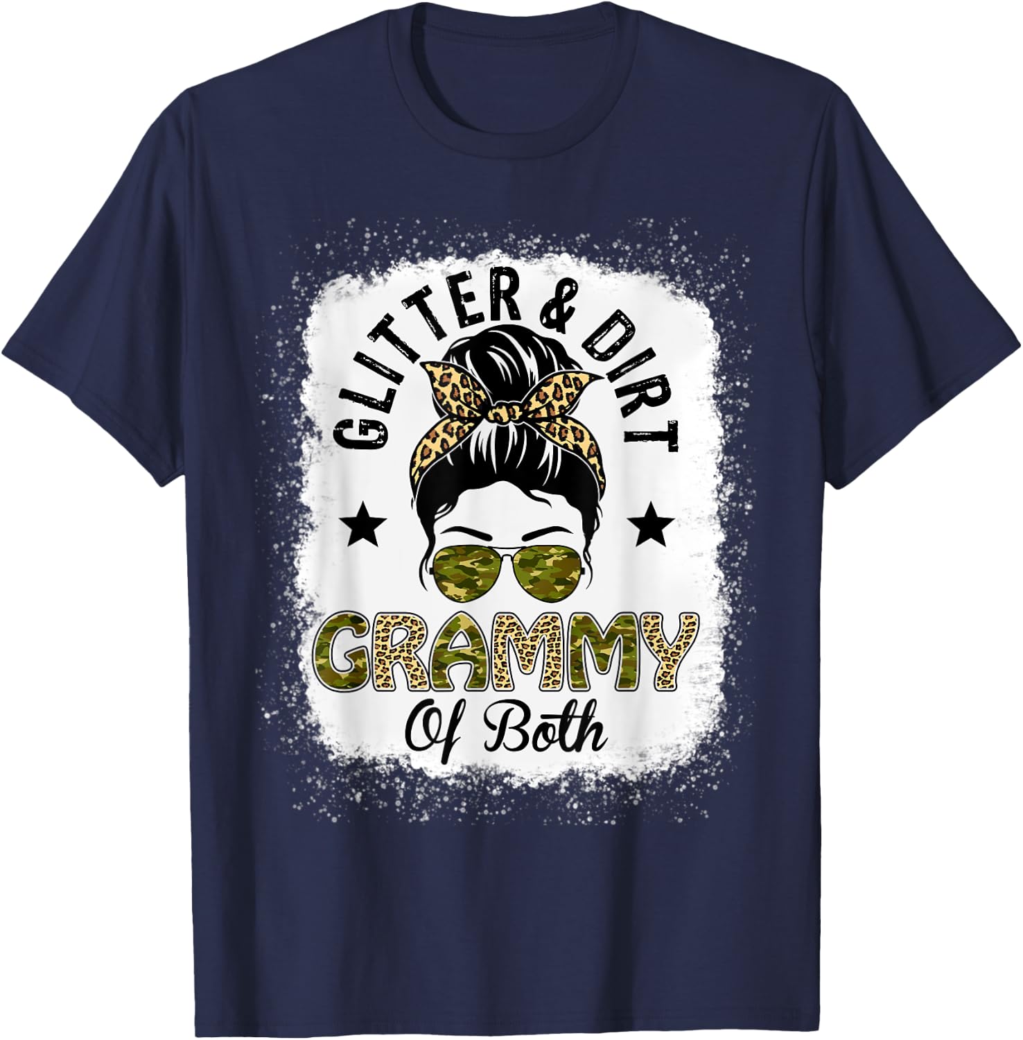 Grammy Of Both Messy Bun Leopard Camo Bleached Mother's Day T-Shirt - T-Shirt | Navy
