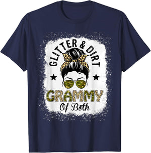 Grammy Of Both Messy Bun Leopard Camo Bleached Mother's Day T-Shirt - T-Shirt | Navy