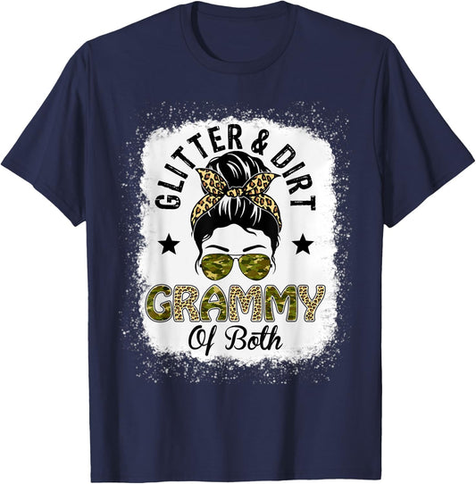 Grammy Of Both Messy Bun Leopard Camo Bleached Mother's Day T-Shirt - T-Shirt | Navy