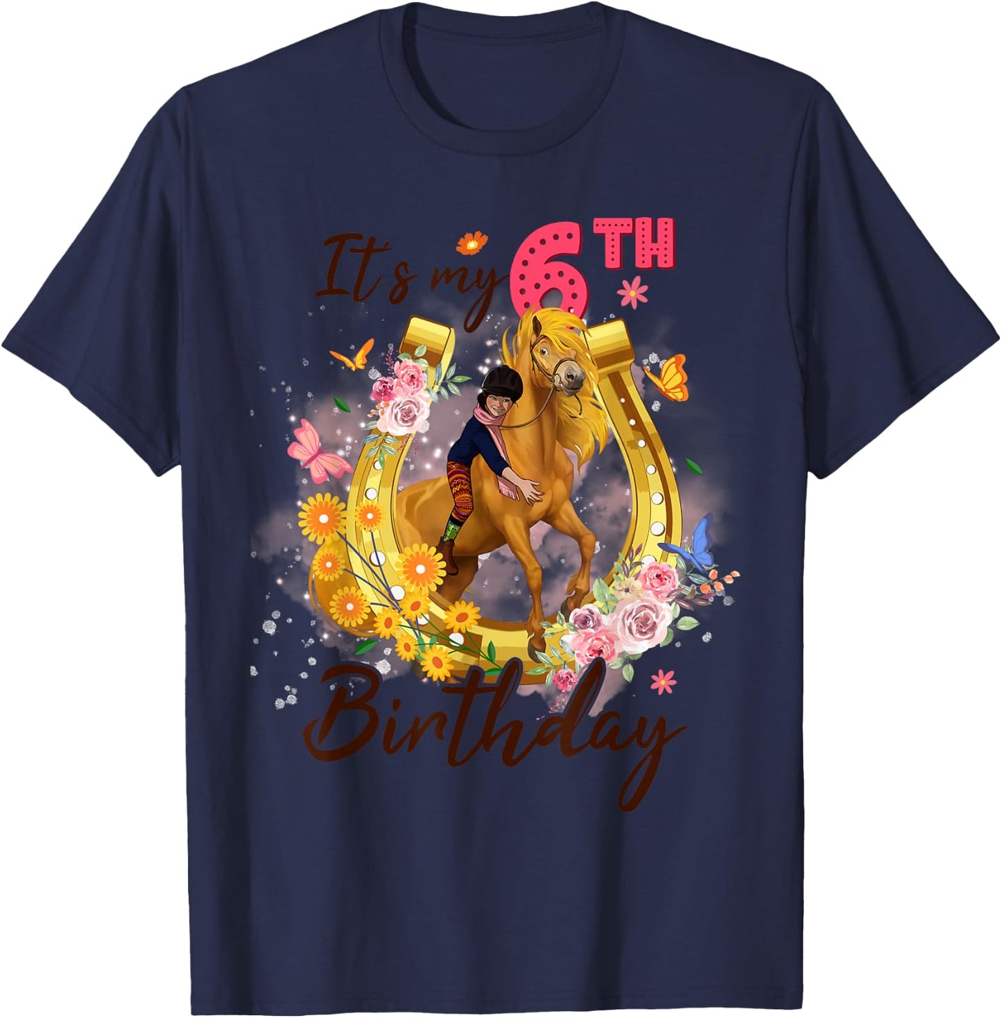 Kids Six Year Old 6th Birthday Girl Who Loves Horses Riding T-Shirt - T-Shirt | Navy