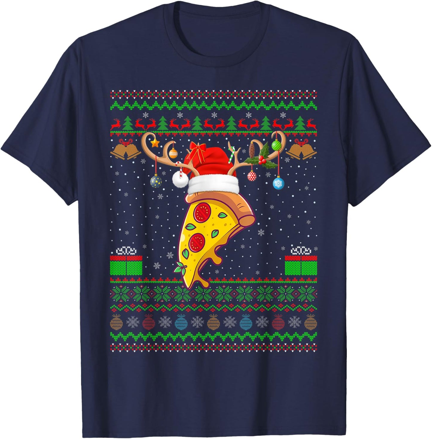 Pizza Lover Xmas Lighting Santa Ugly Pizza Christmas T-Shirt - T-Shirt | Navy