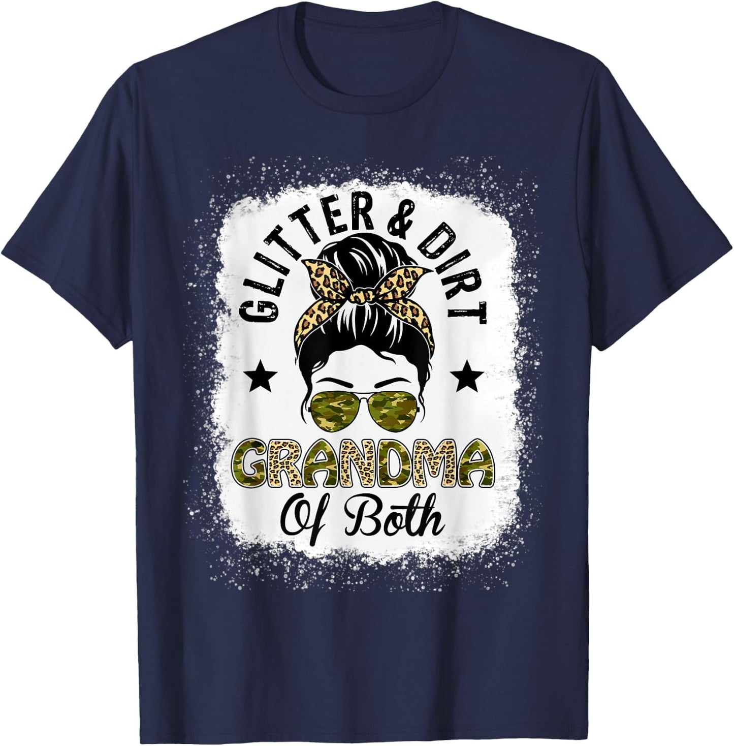 Grandma Of Both Messy Bun Leopard Camo Bleached Mother's Day T-Shirt - T-Shirt | Navy