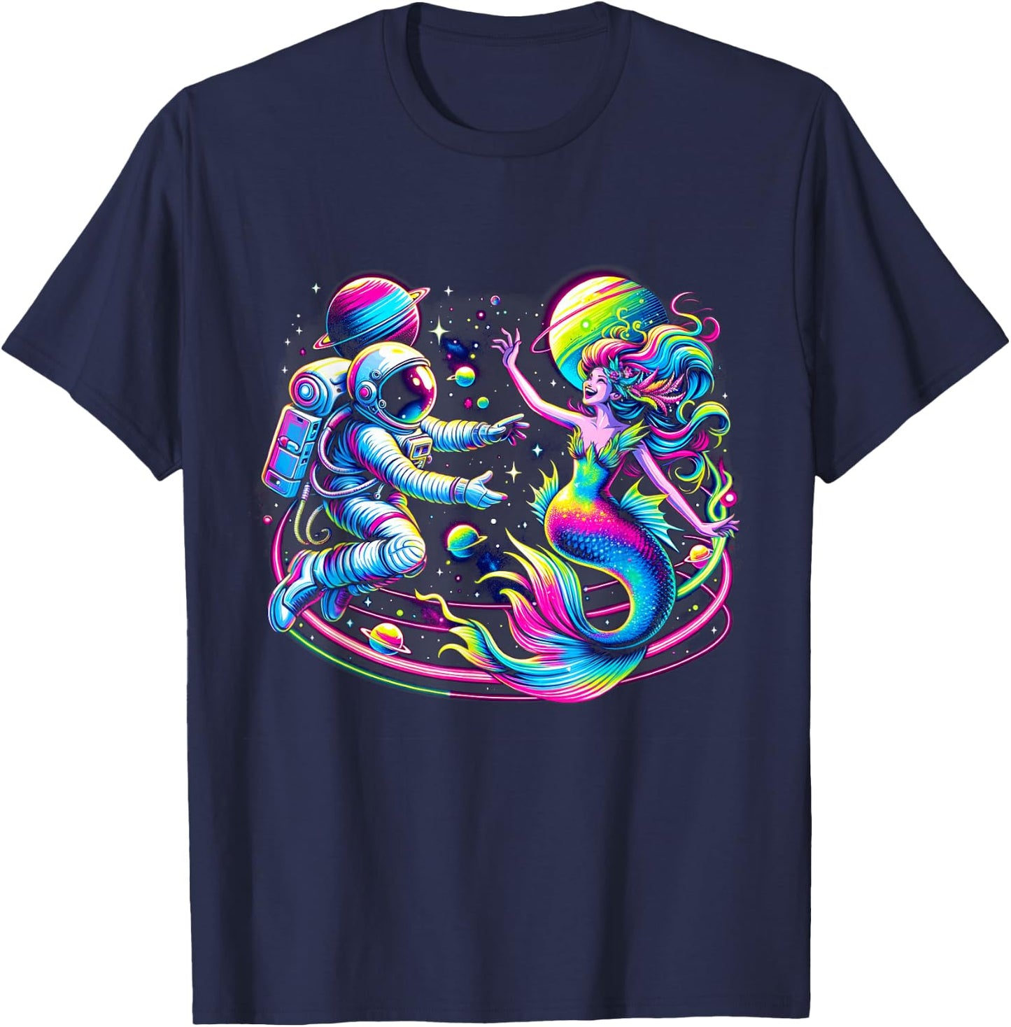 Cosmic Encounter - Astronaut Meets Space Mermaid Psychedelic T-Shirt - T-Shirt | Navy