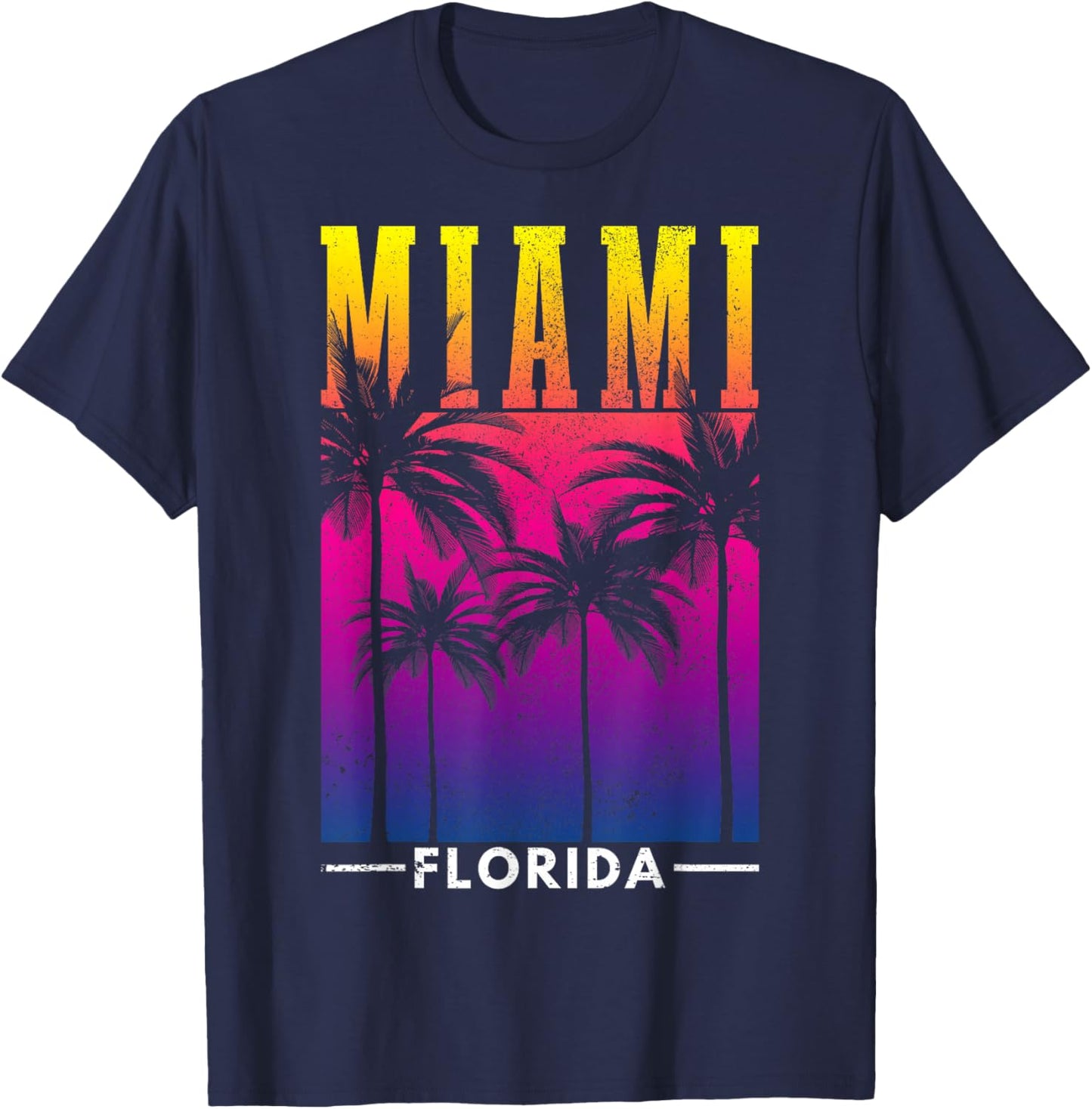 Miami Florida Retro Vintage Sunset Palm Trees Surfer Gift T-Shirt - T-Shirt | Navy