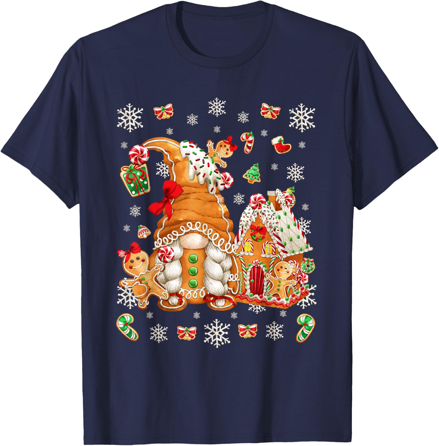 Cute Gingerbread House Decor with Christmas Gnome T-Shirt - T-Shirt | Navy