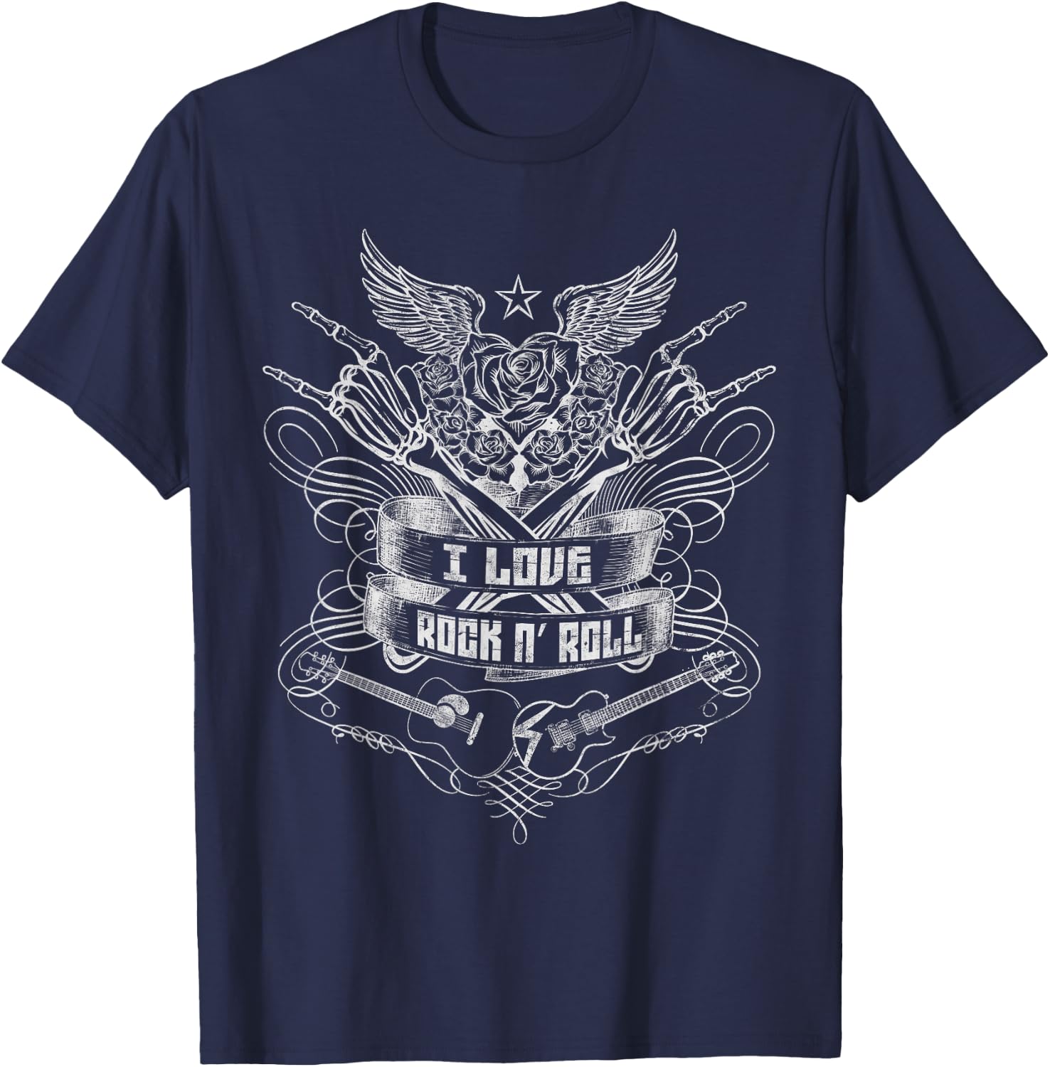 I Love Rock N Roll Hand Horns Distressed Retro Music Concert T-Shirt - T-Shirt | Navy