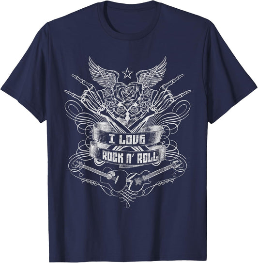 I Love Rock N Roll Hand Horns Distressed Retro Music Concert T-Shirt - T-Shirt | Navy